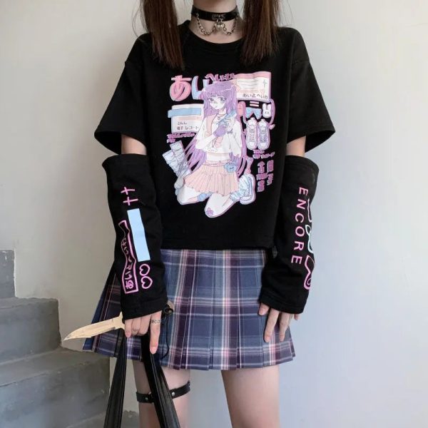 Anime Purple White Black Egirl Shooter Graphic Harajuku T Shirt & Arm Warmers