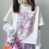 Anime Purple White Black Egirl Shooter Graphic Harajuku T Shirt & Arm Warmers