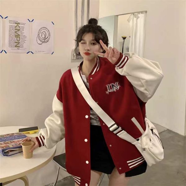 'Unspecified' Six Patch Striped Burgundy Brown Women's Varsity Jacket