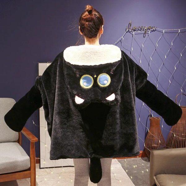 Black Cat Green Dino Plush Cape Hoodie Blanket