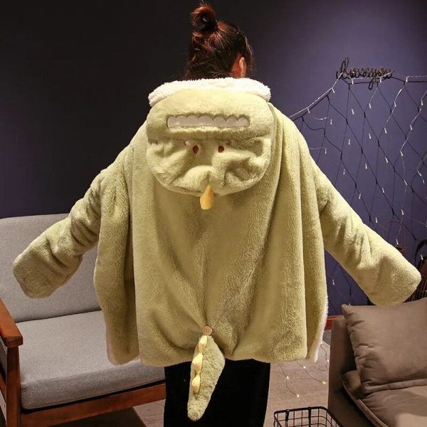 Black Cat Green Dino Plush Cape Hoodie Blanket