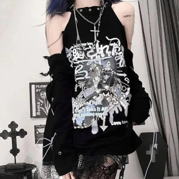 Black Gothic Harajuku Anime Off-Shoulder Long Sleeve Tee