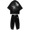 Black Japanese Crane Mens Two-Piece Kimono Yukata Top & Pants Sets