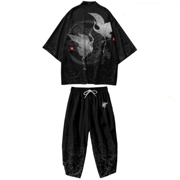 Black Japanese Crane Mens Two-Piece Kimono Yukata Top & Pants Sets