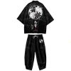Black Japanese Crane Mens Two-Piece Kimono Yukata Top & Pants Sets