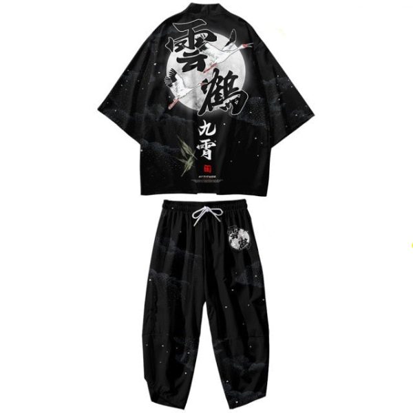 Black Japanese Crane Mens Two-Piece Kimono Yukata Top & Pants Sets