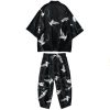 Black Japanese Crane Mens Two-Piece Kimono Yukata Top & Pants Sets