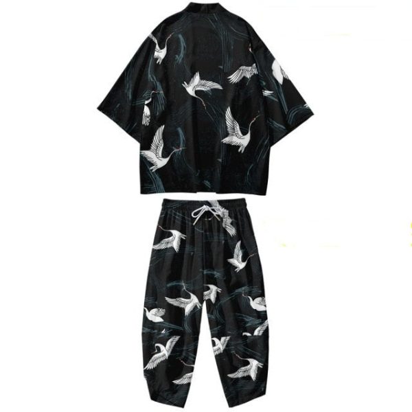 Black Japanese Crane Mens Two-Piece Kimono Yukata Top & Pants Sets