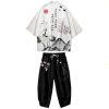 Black Japanese Crane Mens Two-Piece Kimono Yukata Top & Pants Sets