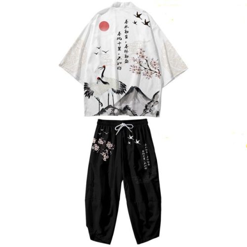 Black Japanese Crane Mens Two-Piece Kimono Yukata Top & Pants Sets