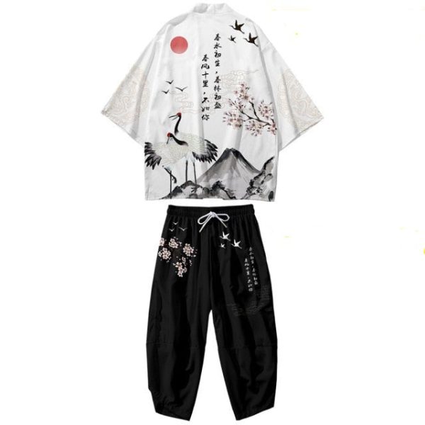 Black Japanese Crane Mens Two-Piece Kimono Yukata Top & Pants Sets