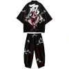 Black Japanese Female Fighter Mens Two-Piece Kimono Yukata Top & Pants Sets
