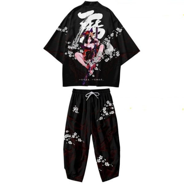 Black Japanese Female Fighter Mens Two-Piece Kimono Yukata Top & Pants Sets