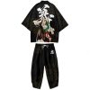 Black Japanese Female Fighter Mens Two-Piece Kimono Yukata Top & Pants Sets