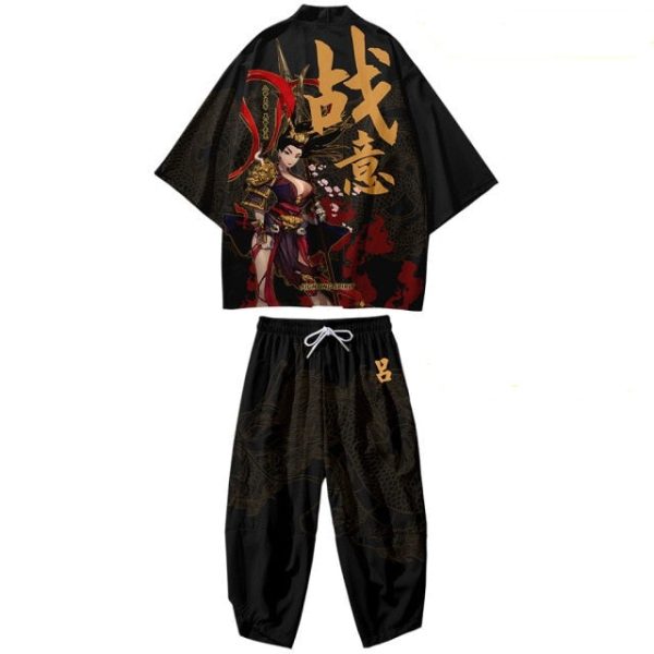 Black Japanese Female Fighter Mens Two-Piece Kimono Yukata Top & Pants Sets