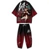 Black Japanese Female Fighter Mens Two-Piece Kimono Yukata Top & Pants Sets