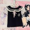 Black Japanese-themed Harajuku Panda Lace Women's Tee