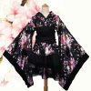 Black Red Japanese Kimono Floral Pattern Short Robe
