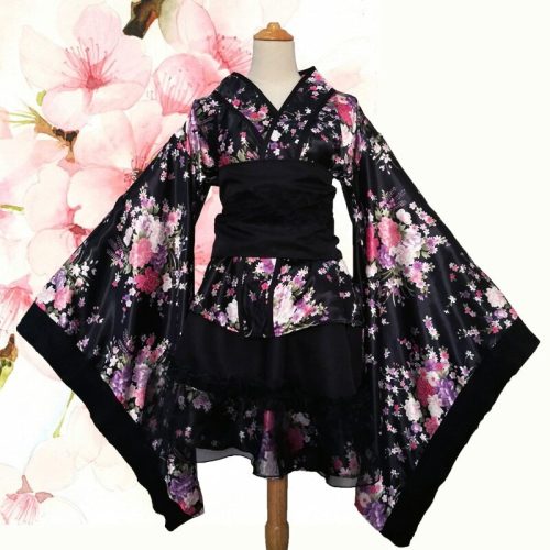 Black Red Japanese Kimono Floral Pattern Short Robe