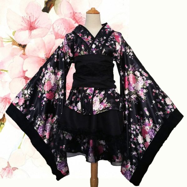 Black Red Japanese Kimono Floral Pattern Short Robe