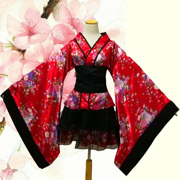 Black Red Japanese Kimono Floral Pattern Short Robe