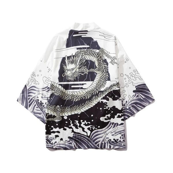 Black White Dragon Wave Unisex Kimono Top