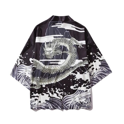 Black White Dragon Wave Unisex Kimono Top
