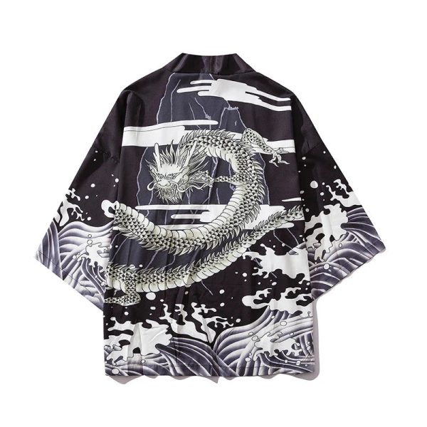 Black White Dragon Wave Unisex Kimono Top