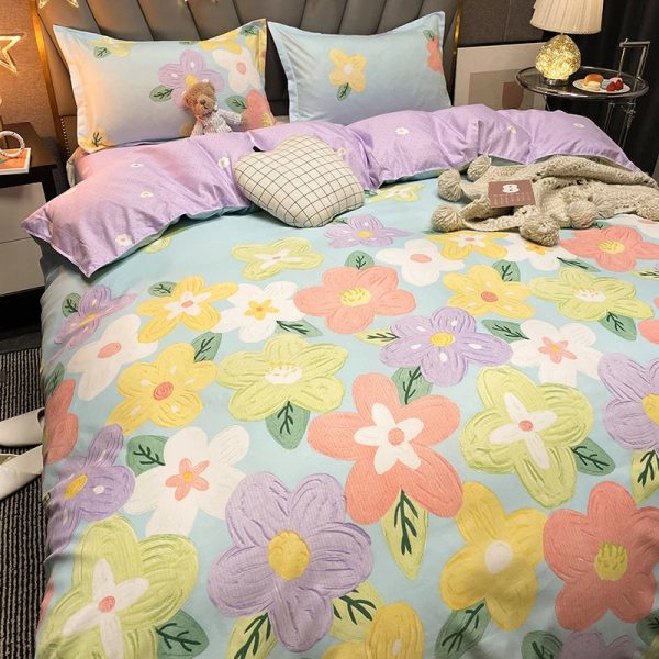 Cartoon Floral Pink Purple Green Bedding Set Collection