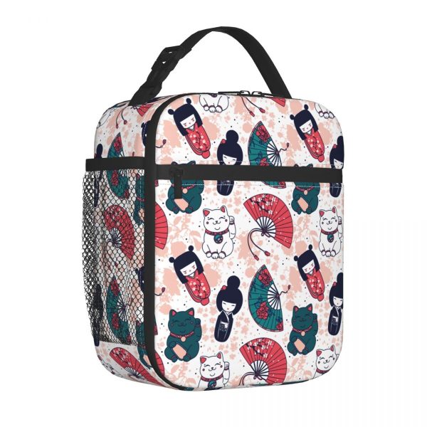 Cherry Blossom Lucky Cat Kokeshi Doll Insulated Lunch Bags