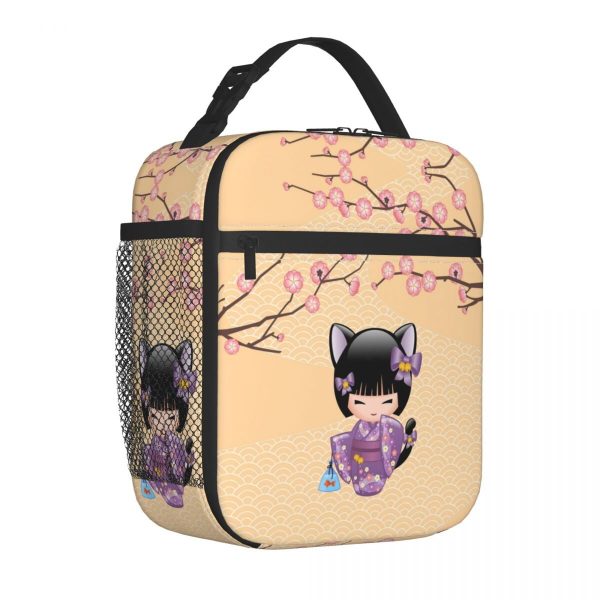 Cherry Blossom Lucky Cat Kokeshi Doll Insulated Lunch Bags