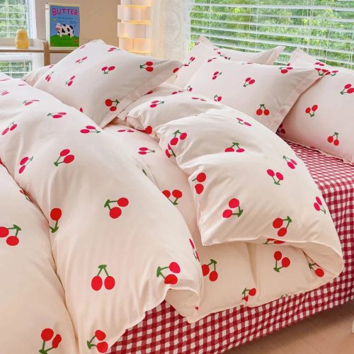 Cherry-Themed Checkered Polyester Bedding Set with Bed Sheet