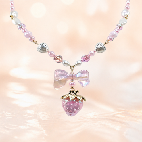 Cottagecore Candy Strawberry Bow Pearly Necklace