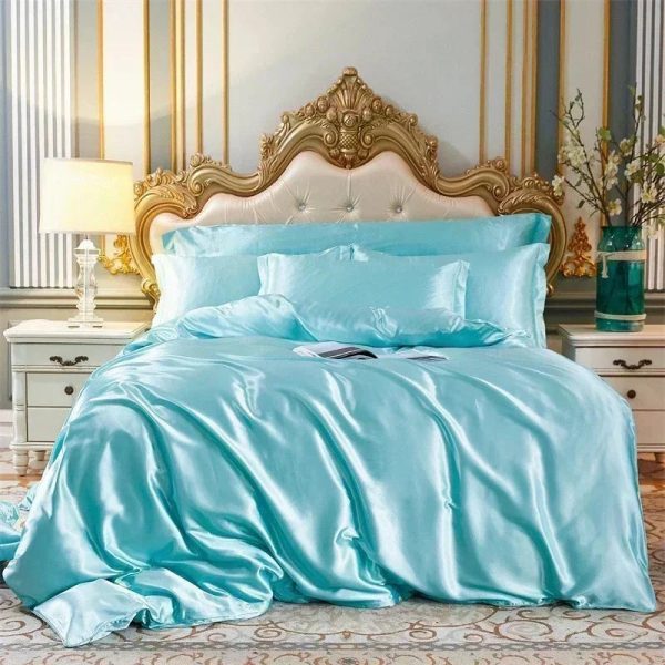 Cream Baby Blue Luxury Satin Bedding Set
