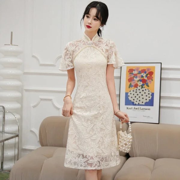Dainty Lace Chinese Traditional Qipao Cheongsam Dress