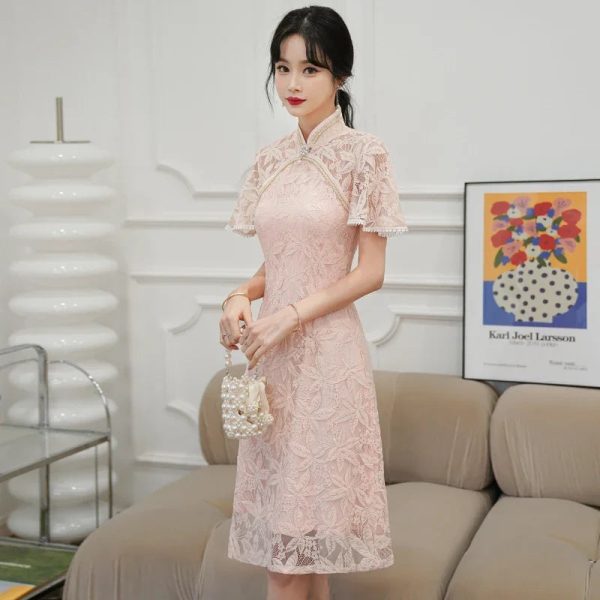 Dainty Lace Chinese Traditional Qipao Cheongsam Dress