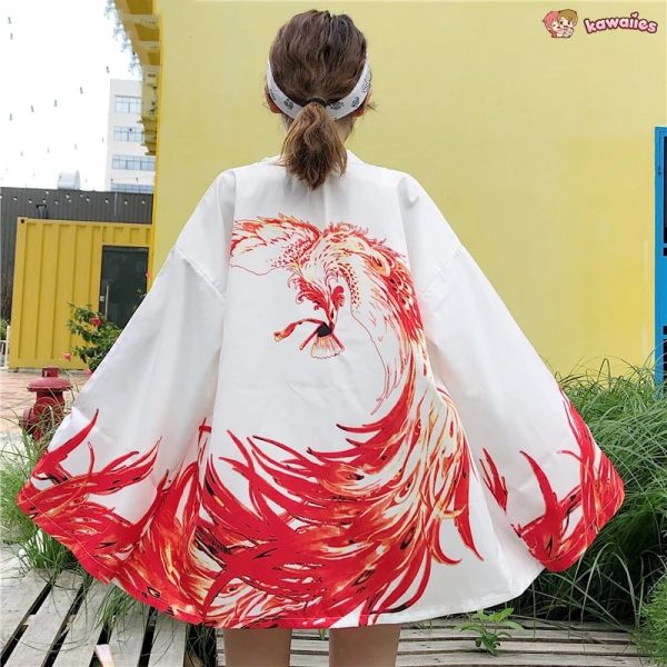 Flaming Red Phoenix Black White Women's Kimono Cardigan