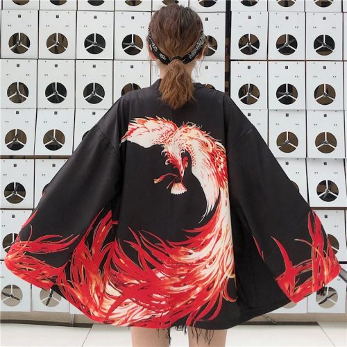Flaming Red Phoenix Black White Women's Kimono Cardigan
