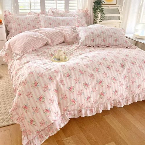 Floral Pink Ruffles 100% Cotton 3pc Bedding Set