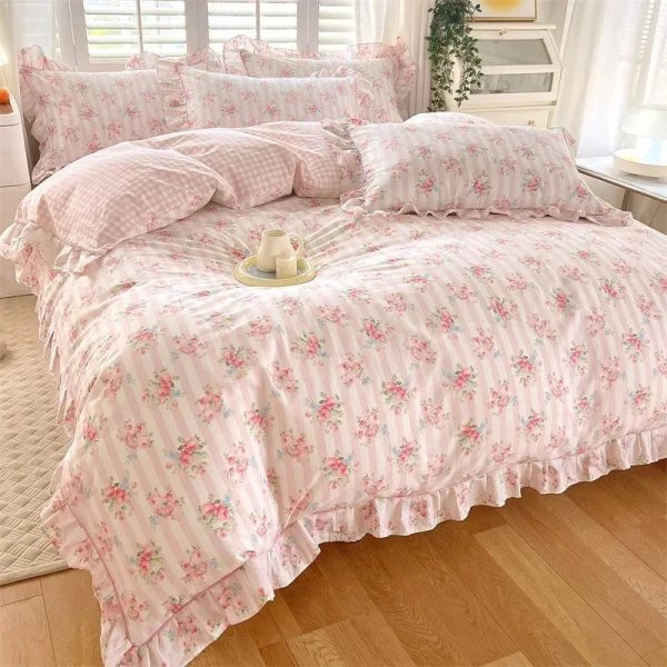 Floral Pink Ruffles 100% Cotton 3pc Bedding Set