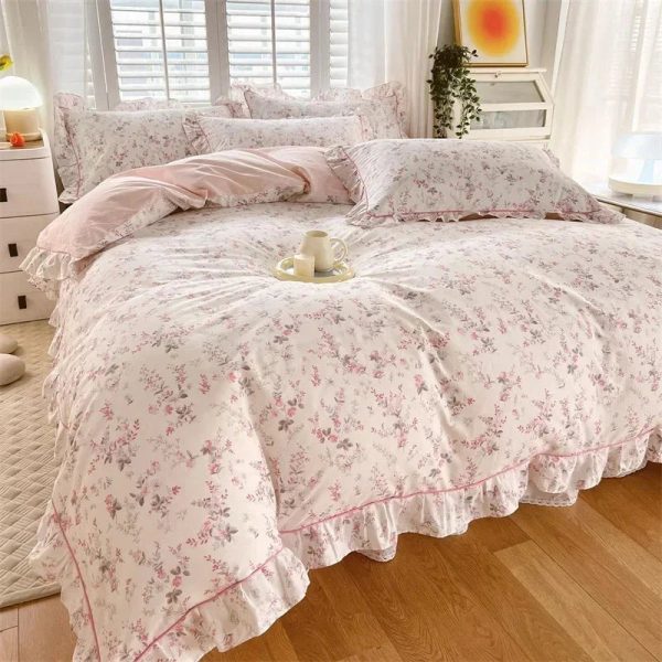 Floral Pink Ruffles 100% Cotton 3pc Bedding Set