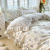 Floral White Blue Ruffles 100% Cotton 3pc Bedding Set