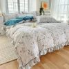 Floral White Blue Ruffles 100% Cotton 3pc Bedding Set