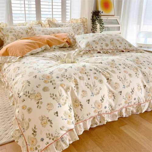 Floral Yellow Green Ruffles 100% Cotton 3pc Bedding Set