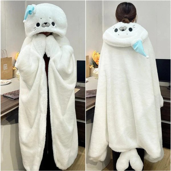 Fluffy White Seal Cloak Hooded Blanket Cape