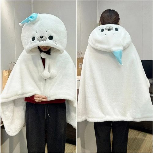 Fluffy White Seal Cloak Hooded Blanket Cape
