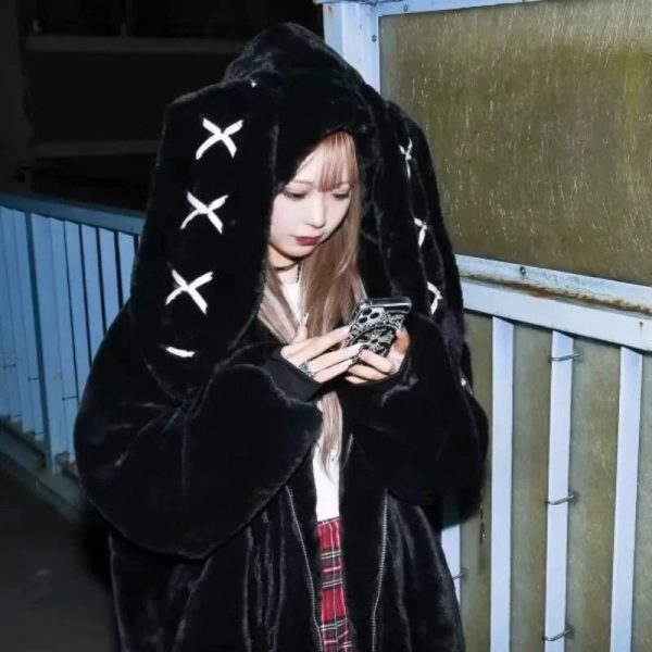 Goth Bunny Oversized Fluffy Zipper Black Jacket Goth Bunny Oversized Fluffy Zipper Black Jacket
