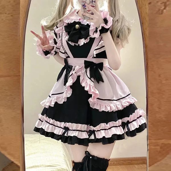 Gothic Black Pink Sweet Lolita Women's Maid Dress Bowknots
