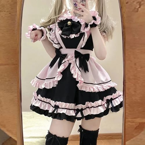 Gothic Black Pink Sweet Lolita Women's Maid Dress Bowknots