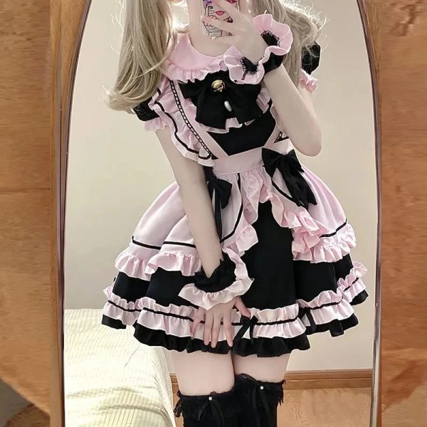 Gothic Black Pink Sweet Lolita Women's Maid Dress Bowknots